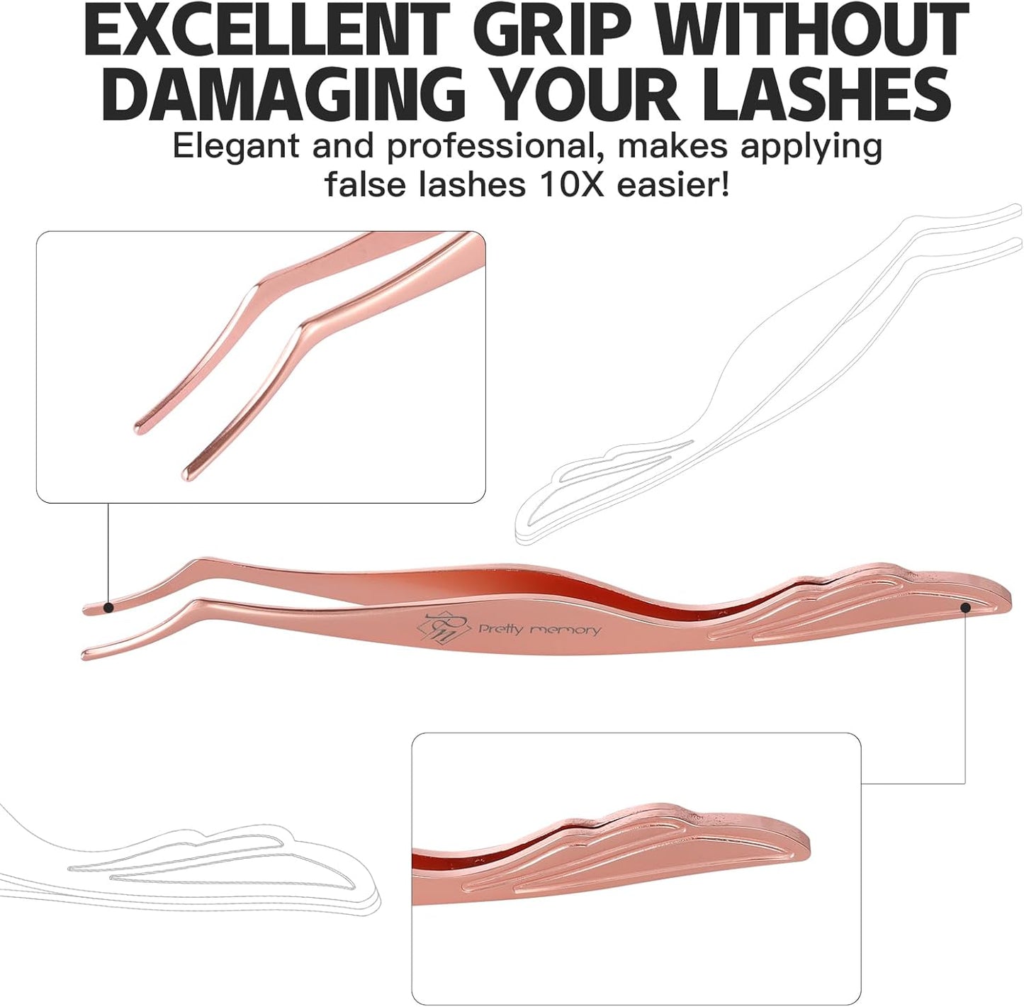 Pretty memory Eyelash Applicator Tool Stainless Steel Lash Tweezers Curved Eyelash Tweezers for Easy Lash Application and Removal, Rose Gold