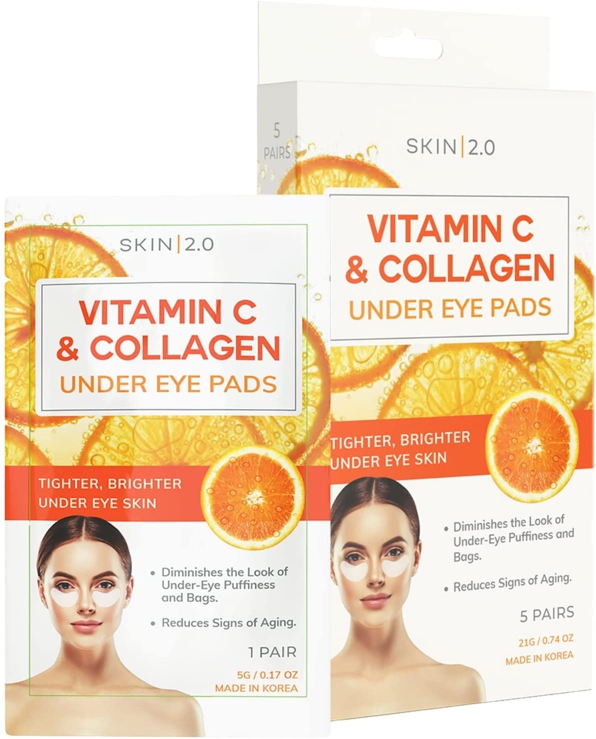Vitamin C and Collagen Under Eye Patches - Brightens Dark Circles, Tightens Under Eye Skin, Anti-aging & Firming Under Eye Pads - Cruelty Free Korean Skin Care For All Skin Types - 5 Pairs