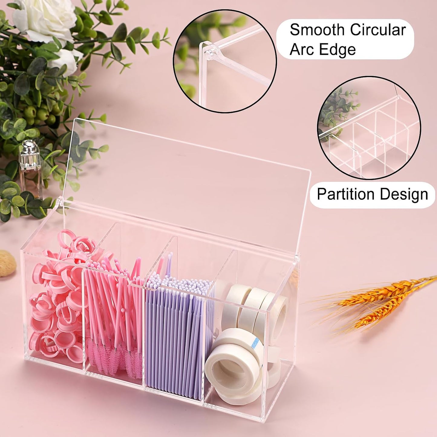ELLDOO Lash Extension Organizer Box with Lid, Acrylic Eyelash Supplies Organizer Storage Box, 4 Compartments Bathroom Supplies Storage Container for Cotton Swabs, Balls, Pads, Floss Picks