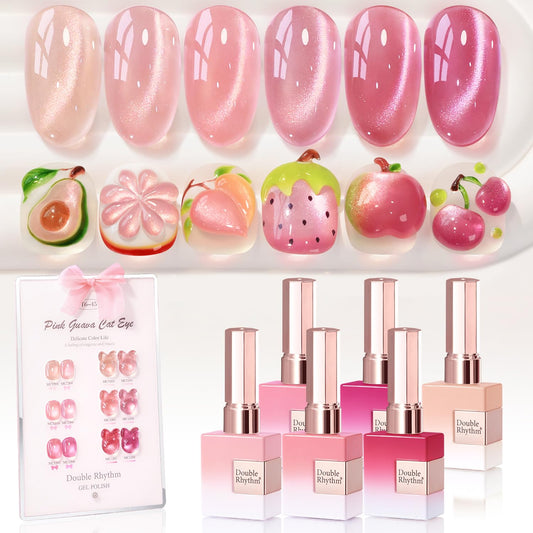 Double Rhythm Cat Eye Gel Nail Polish Set of 6 Same Color Same Bottle 0.5 Oz Shimmer Glitter with Magnet Holographic Reflective Magnetic UV Nail Polish Kit at Home (Glass Nude Pink Rose-T6-45)