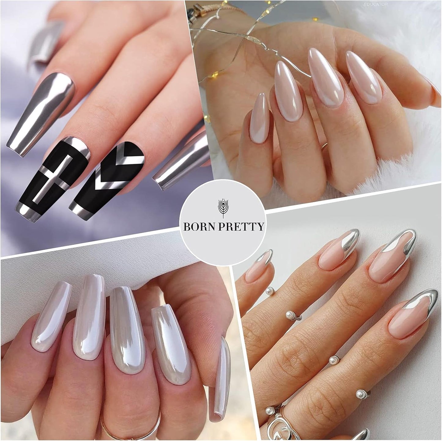 BORN PRETTY Chrome Nail Powder,White Pearl Metallic Mirror Holographic Chrome Powder for Nails,Pearl Glitter Pigment Dust Kit Nail Art Decoration Sets