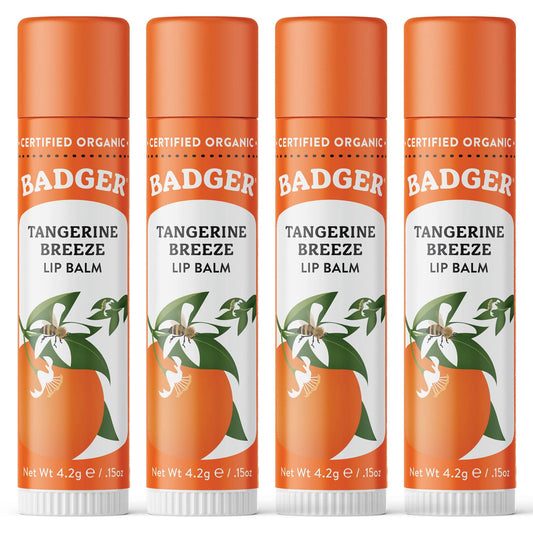 Badger Tangerine Breeze Classic Lip Balm, 100% Organic Lip Balm, Long Lasting Lip Care w/Light Silky Texture, Bright & Cheerful Lip Balm for Kids & Adults, 4 Pack