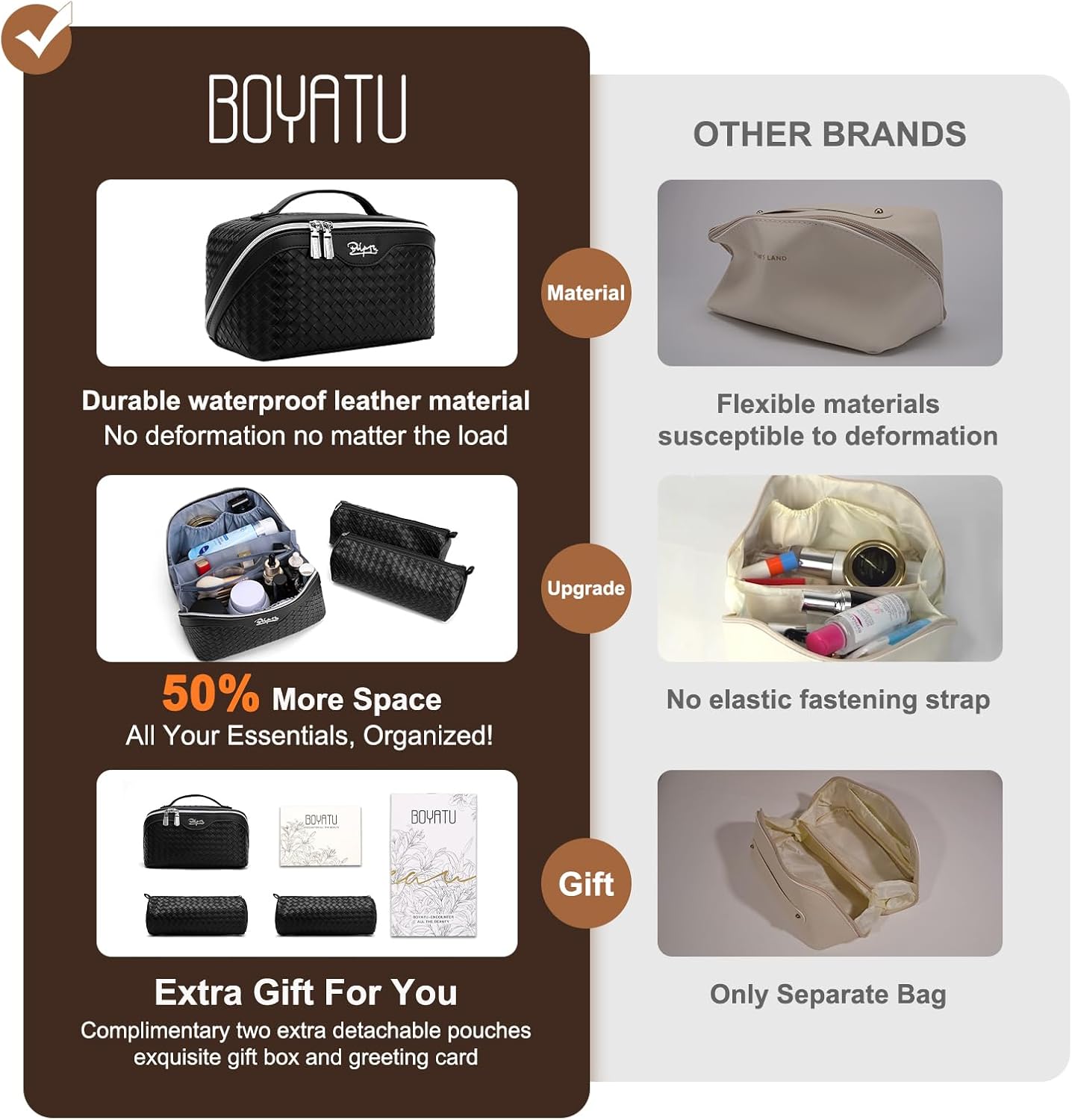 BOYATU Travel Makeup Bags for Women: 3 Pcs Large Make up Bags Set - Vegan Leather Cosmetic Bag for Traveling - Waterproof Toiletry Organizer (L03 Black)