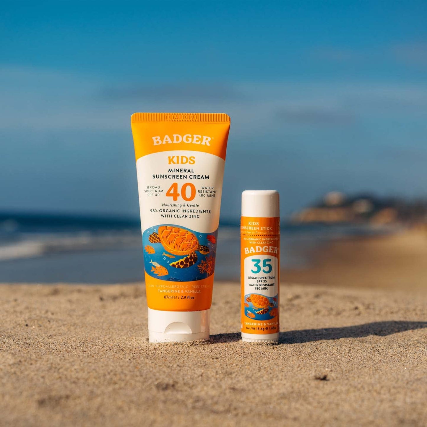 Badger Kids Mineral Sunscreen Combo, SPF 40 Cream + SPF 35 Kids Face Stick, Organic Sunscreens w/Mineral Zinc Oxide, Water Resistant, Reef Safe Broad Spectrum, Tangerine & Vanilla Scent, 2-Count