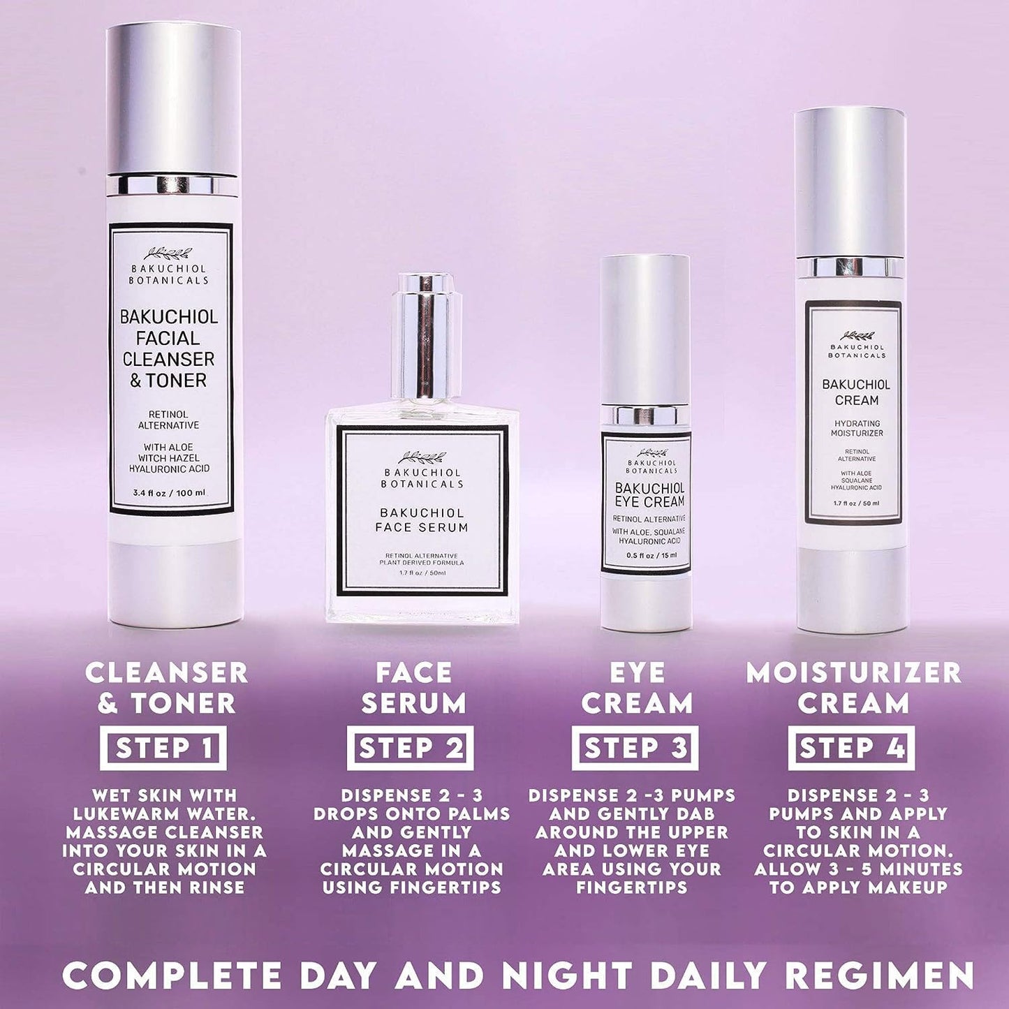 Bakuchol Botanicals Gift Set with Travel Case, Includes Face Serum, Toner & Cleanser All-in-One, Eye Cream, Moisturizer