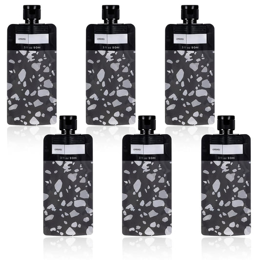 3 oz 6 PCS Refillable Size Containers Leak Proof Empty Squeeze Pouches Travel Shampoo Containers Pouches Travel Pouches for Toiletries for Shampoo Conditioner Face Cream Hand Soap（Black）