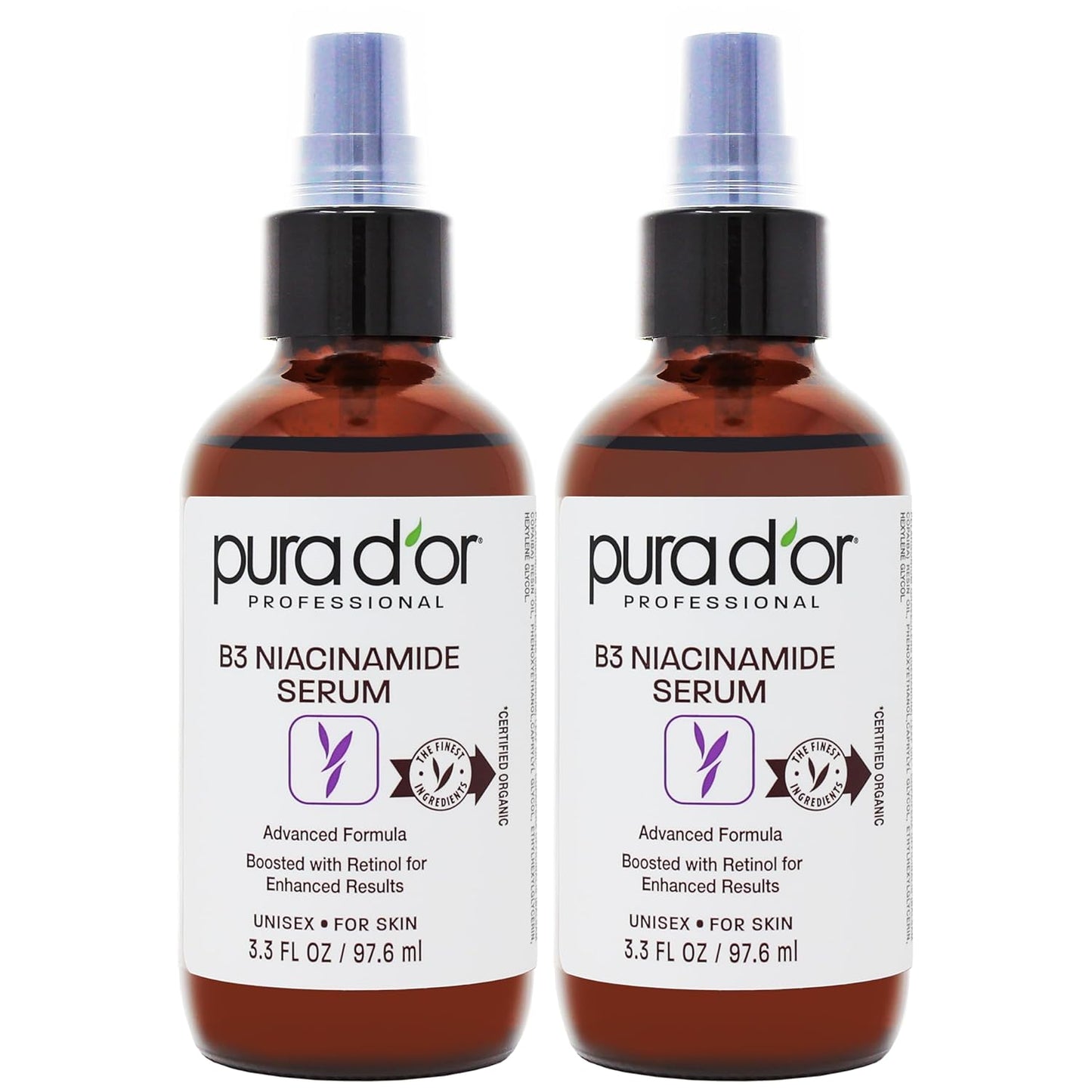 PURA D'OR B3 Niacinamide Advanced Facial Serum (3.3oz x2 = 6.6oz) Skin Care Formula with Retinol For Wrinkles, Hydration & Complexion - All Skin Types, Hypoallergenic - Women & Men
