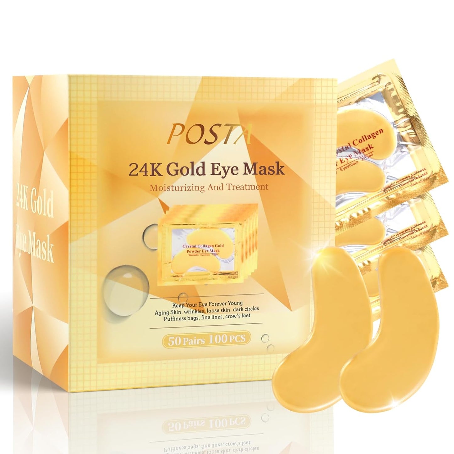 50 Pairs 24K Gold Eye Mask, Collagen Under Eye Mask for Dark Cirlce, Puffiness, Refresh, Revitalizing, Travel, Wrinkles, Eye Patches Luxury Gift for Women & Men