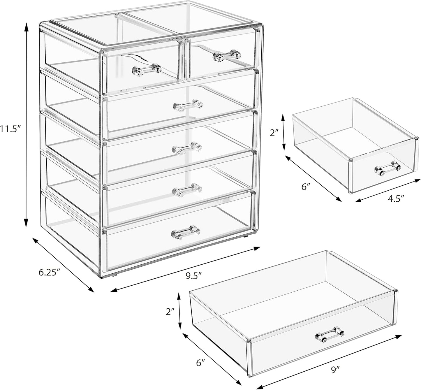 Sorbus Acrylic Makeup Organizer - Organization and Storage Case for Cosmetics Make Up & Jewelry - Big Clear Makeup Organizer for Vanity, Bathroom, College Dorm, Closet, Desk (4 Large, 2 Small Drawers)