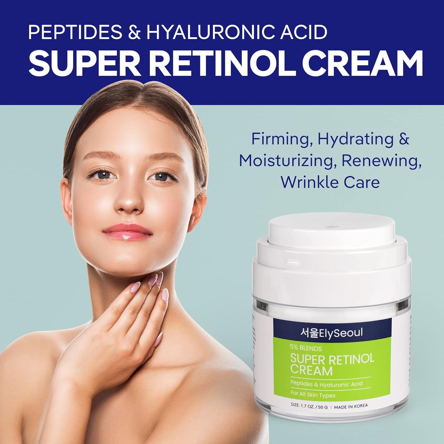 Retinol Cream for Face Korean Skincare: Anti-Aging Collagen Peptides & Hyaluronic Acid Face Cream for Women, 1.7 oz.