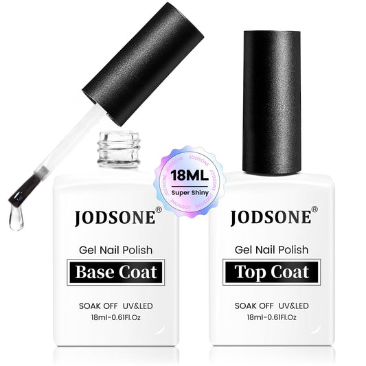 JODSONE 2 Bottles 18ml Top Coat Base Coat Gel Polish Set Compatible for Nail Salon Bright Surface, Girl Gift and At Home DIY Need U V Lamp Curing