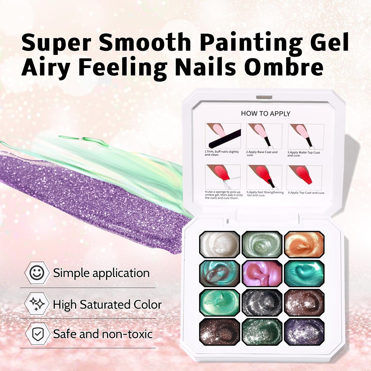 Sponge Pat Paint Nail Gel, Ombre Nails Gradient Gel Nail Blush Blooming Aura Nails Drawing Stripper Floral Painting DIY Nail Art, No Wipe, UV/LED Curing (12 Colors B)