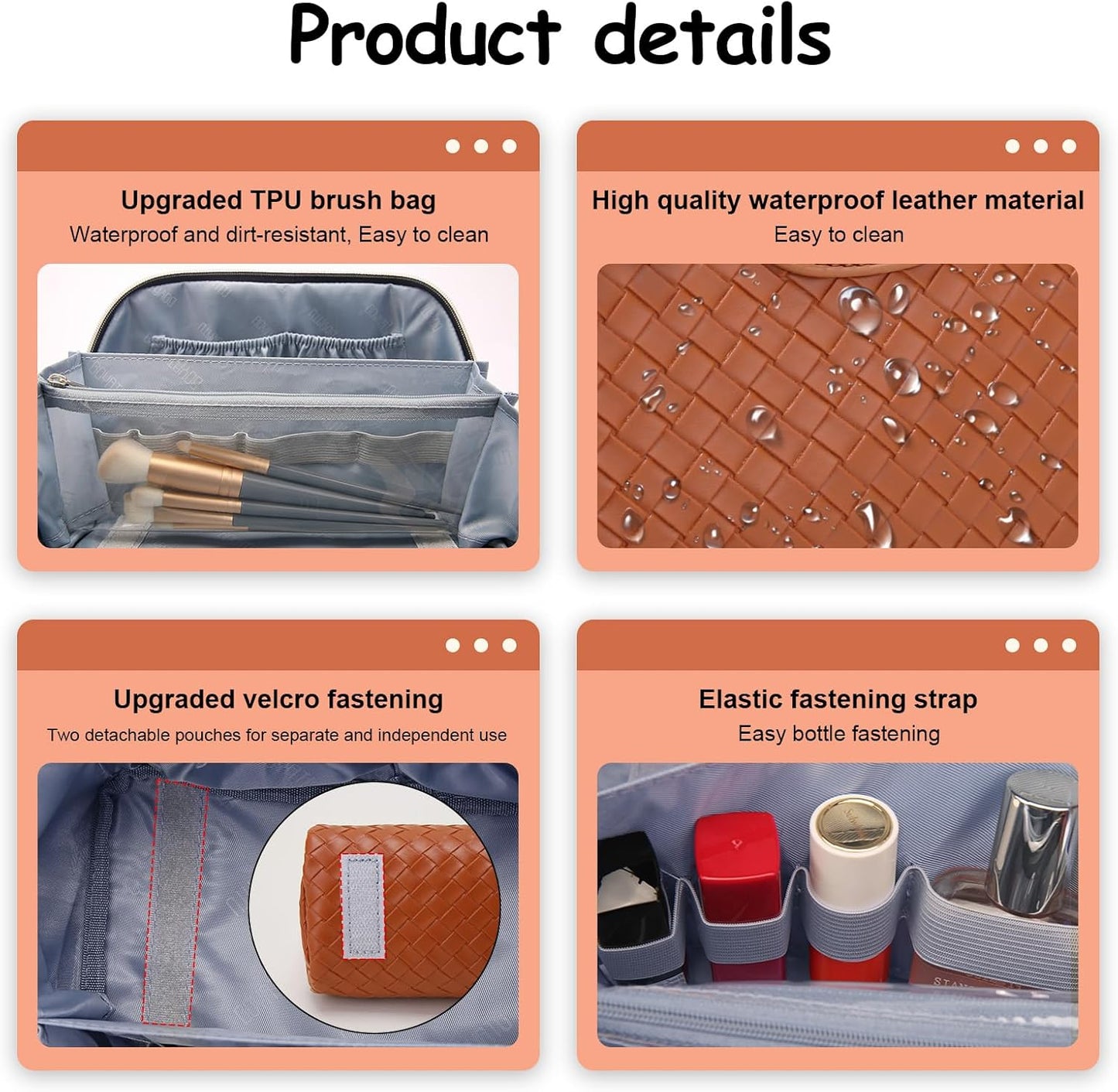 BOYATU Travel Makeup Bags for Women: 3 Pcs Large Make up Bags Set - Vegan Leather Cosmetic Bag for Traveling - Waterproof Toiletry Organizer Wide Open Portable Pouch (L08 Brown)