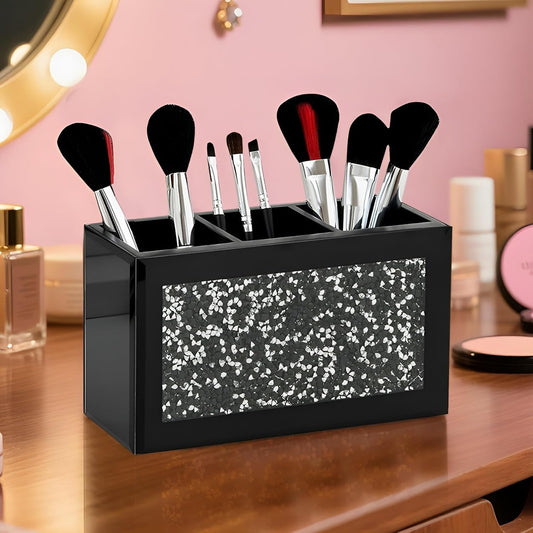 SHYFOY Black Makeup Brush Holder Organizer, 3 Slots Glass Cosmetic Brushes Storage Holder with Crushed Diamond, Pencil Pen Holder for Desk, Desk Organizer and Accessories for Vanity