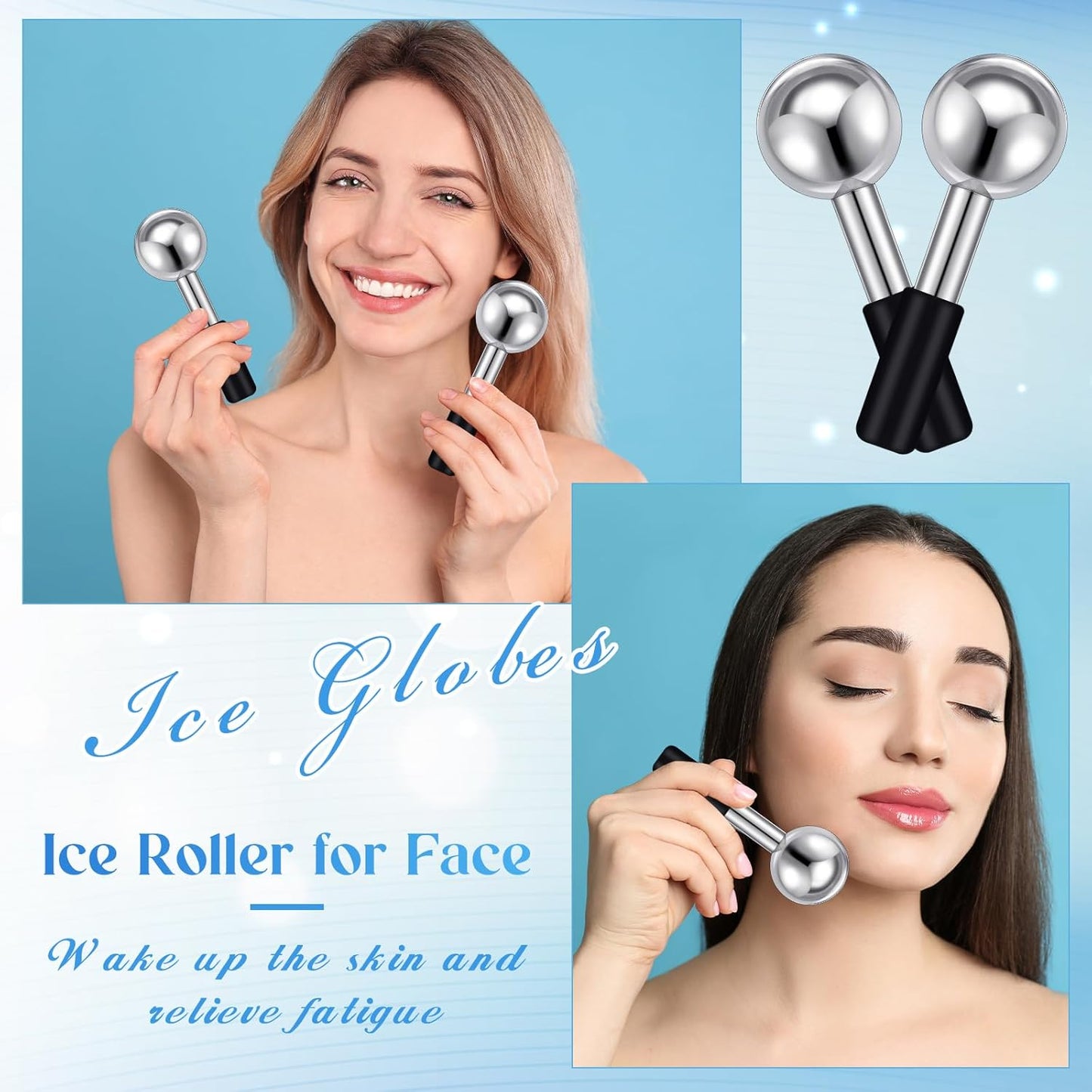 Baderke 2 Pcs Ice Globes for Face Stainless Steel Cooling Globes Unbreakable Cooling Roller Women Ice Balls Cryo Sticks Face Skin Care for Dark Circles, Puffiness(Silver (black Handle))