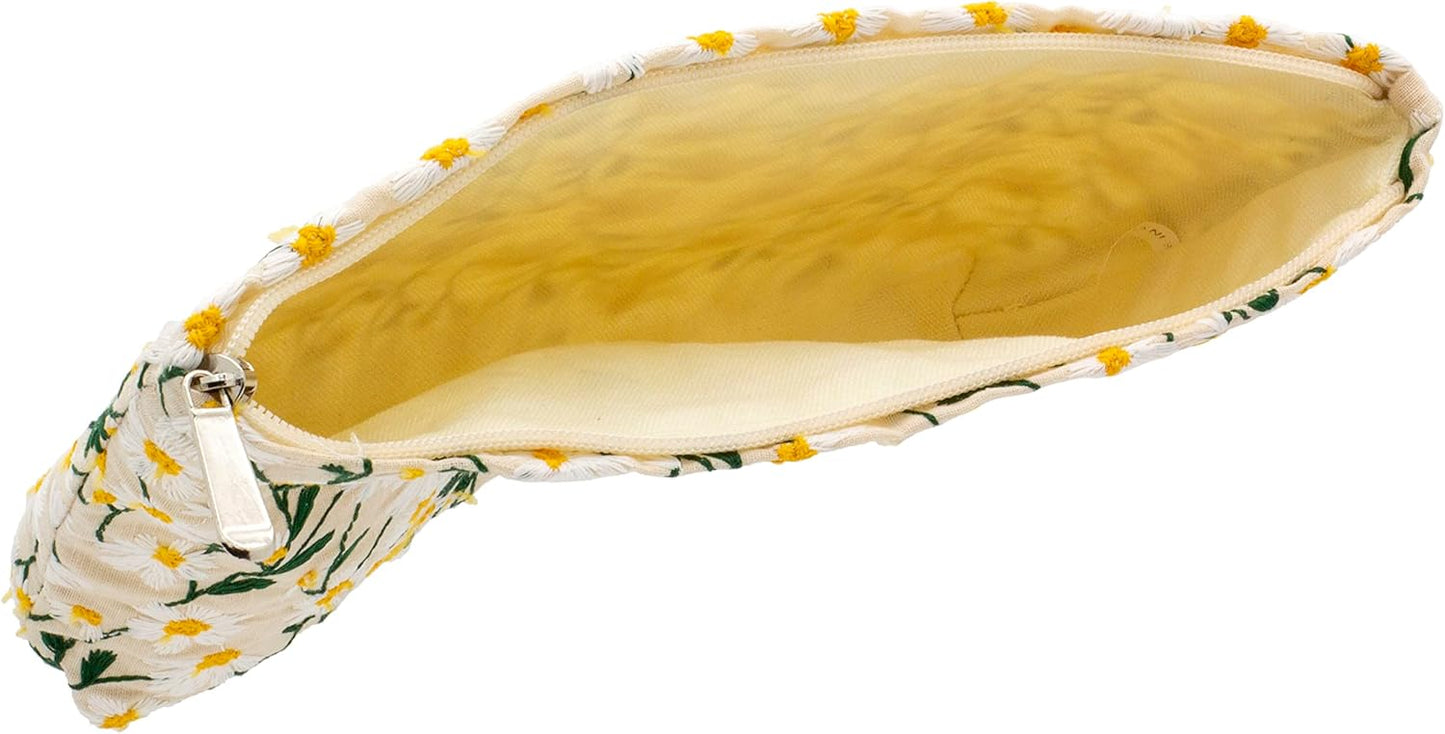 Makeup Bags for Purse Zipper Cosmetic Pouch Large Travel Canvas Make Up Organizer Tool Pouch for Women and Girls,Daisy White