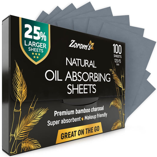 Natural Oil Blotting Sheets for Face with Bamboo Charcoal - 25% Larger - 1pk/100 Makeup Friendly Blotting Papers for Face - Easy Dispensing Oil Absorbing Sheets for Face