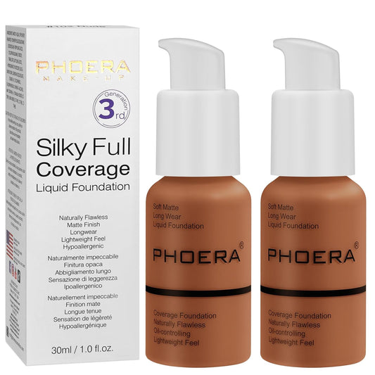 PHOERA Foundation, PHOERA Matte Liquid Foundation,PHOERA Makeup for Women, PHOERA Foundation Full Coverage Concealer, 30ml 24HR Matte Oil Control Concealer (109-Mocha*2)