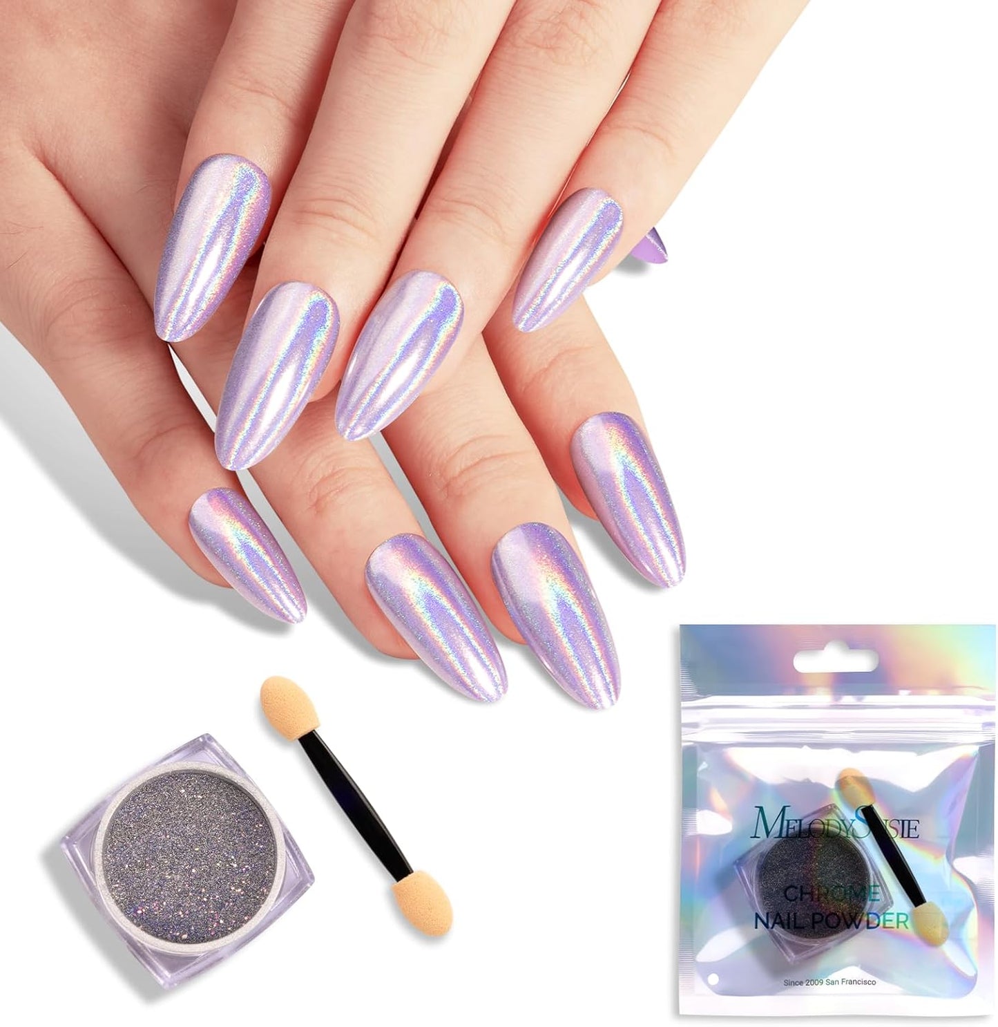 MelodySusie Chrome Nail Powder for Gel Nails,Holographic Laser Silver Metallic Mirror Effect Pigment Stylish Fine Glitter for Home DIY Salon Use Visit The MelodySusie Store