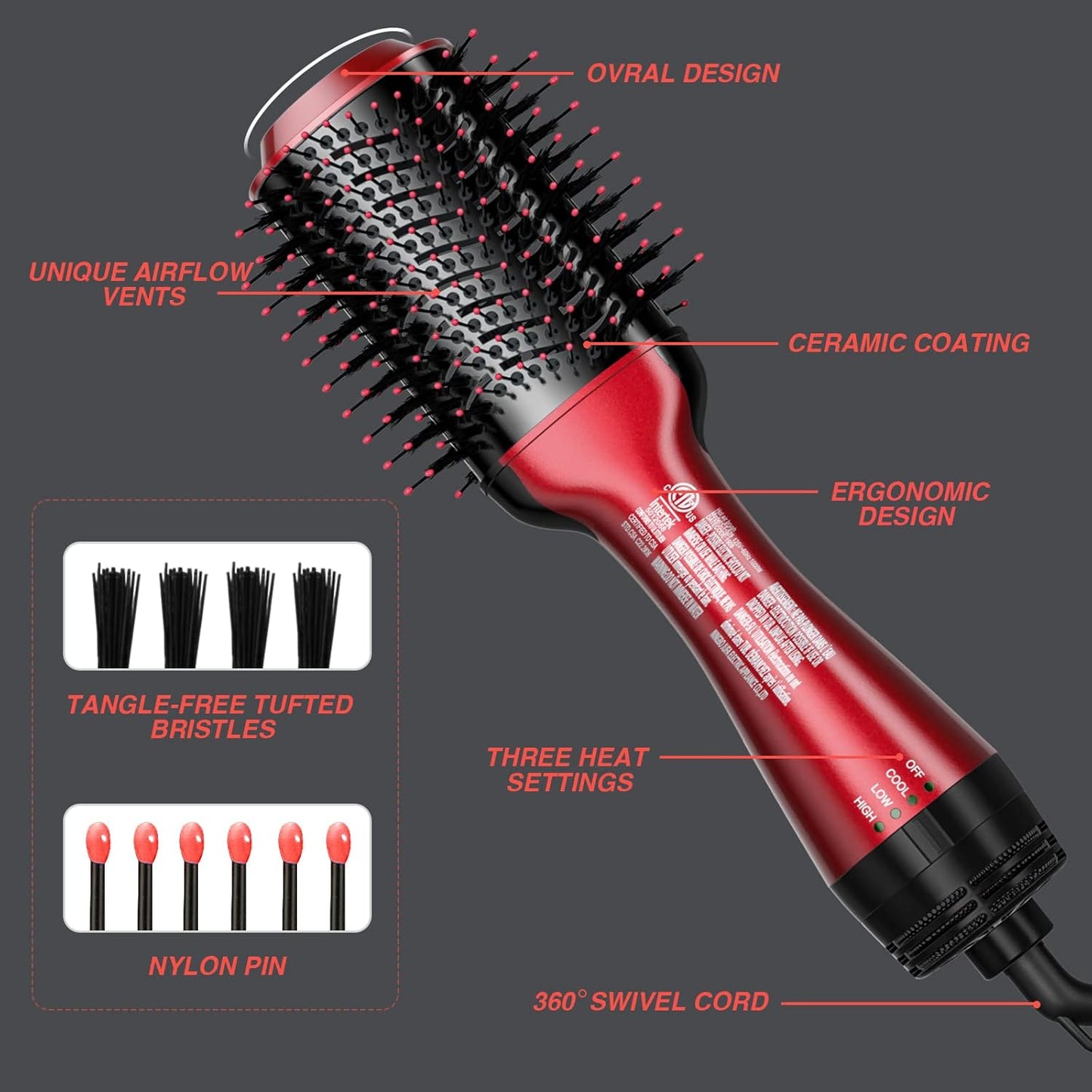 Beautimeter Blow Dryer Brush, Hot Air Brush One Step Hair Dryer and Styler Volumizer, 4 in 1 Negative Ionic Hair Styler with Oval Barrel for Smooth, Frizz-Free Hair Types, Red & Black
