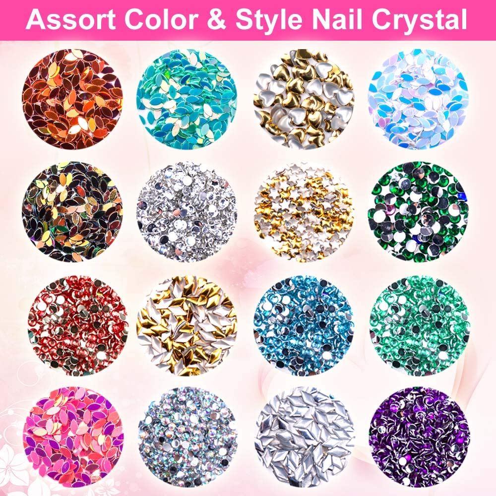 6400pcs Nail Art Rhinestones, Nail Crystal Gems Nail Diamonds, Gold Silver Nail Studs Colorful Nail Sequins & Rhinestones for Nails Kit with Tweezers and Wax Pen for Nail Art Supplies Accessories