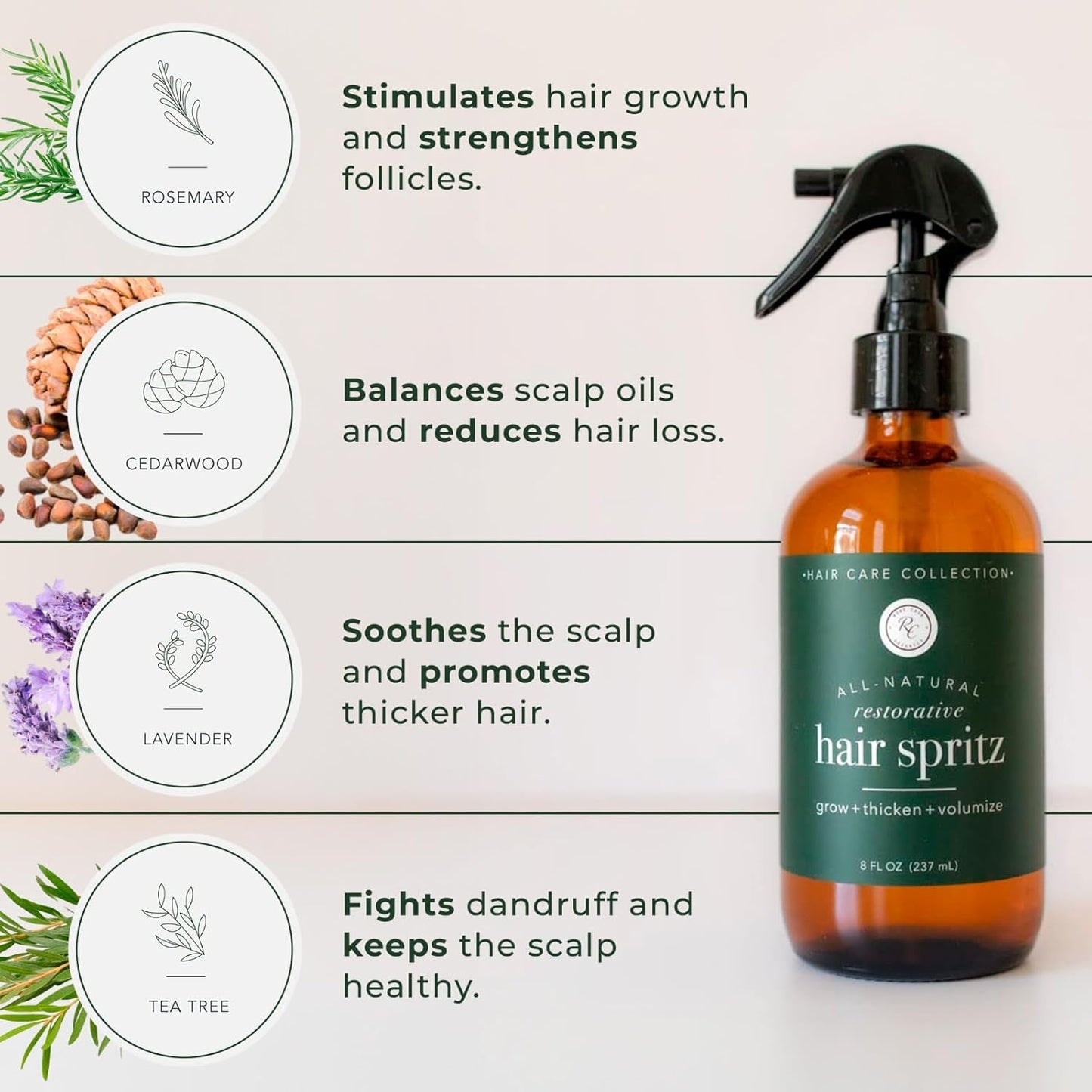 Rowe Casa Organics Natural Restorative Hair Spritz with Witch Hazel & Therapeutic Essential Oils, Hand-Crafted Hair Volumizer, Thickener, & Growth Booster, 8 Fl. Oz.