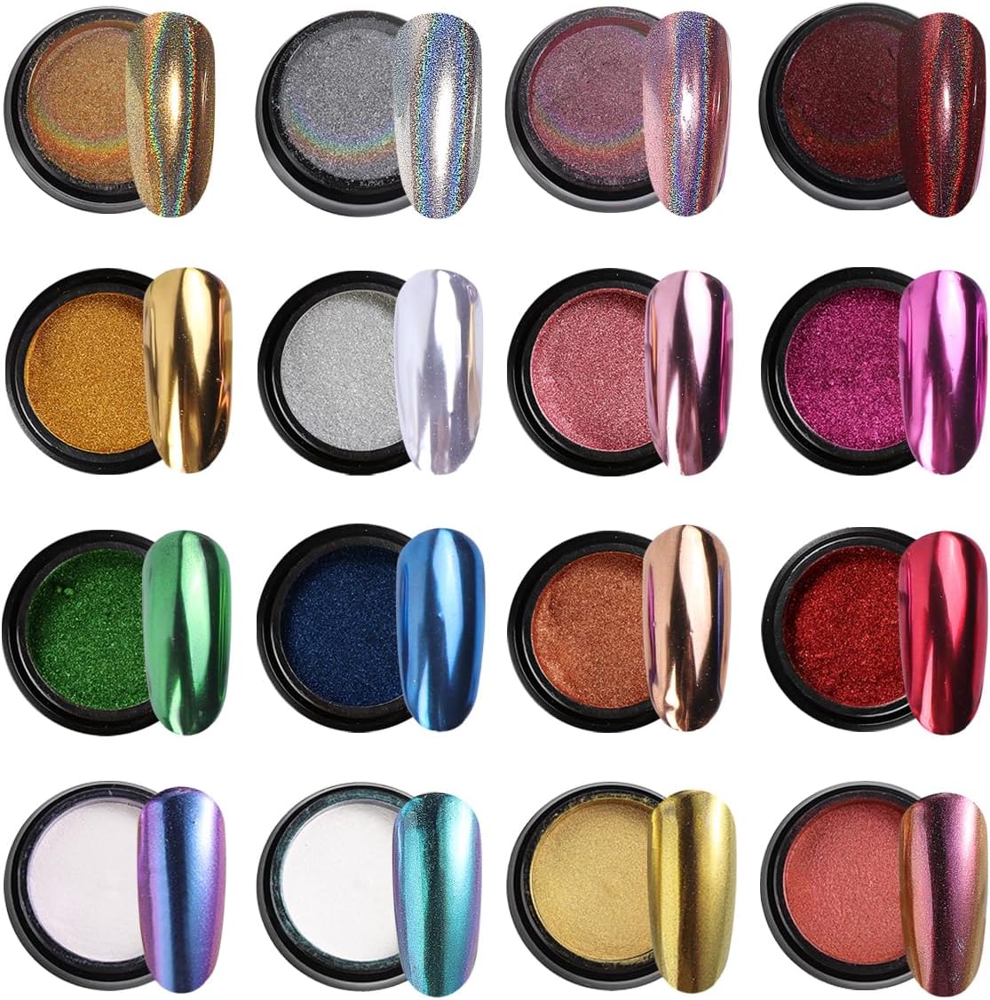 16 Colors Chrome Nail Powder Set, Metallic Mirror Effect Holographic Aurora Chameleon Pigment Glitter for Gel Polish Manicure Nail Art Decorations