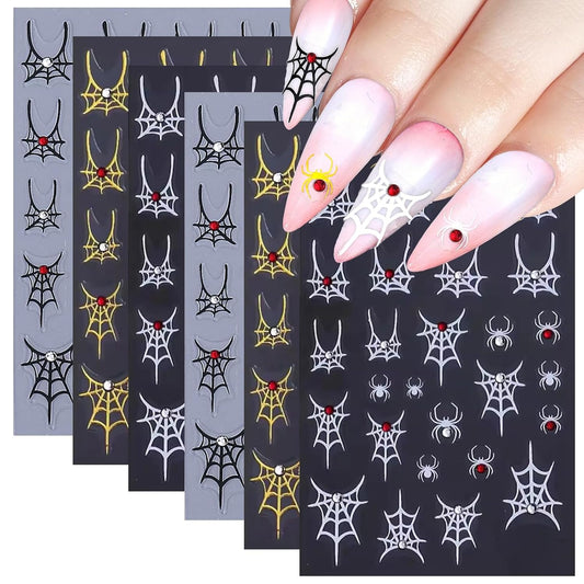 SILPECWEE 6 Sheets Halloween Nail Art Stickers, 3D Metal Nail Stickers Diamond Spider Web Nails Art Design Decal Manicure Sticker for Women Girl DIY Holiday Decoration