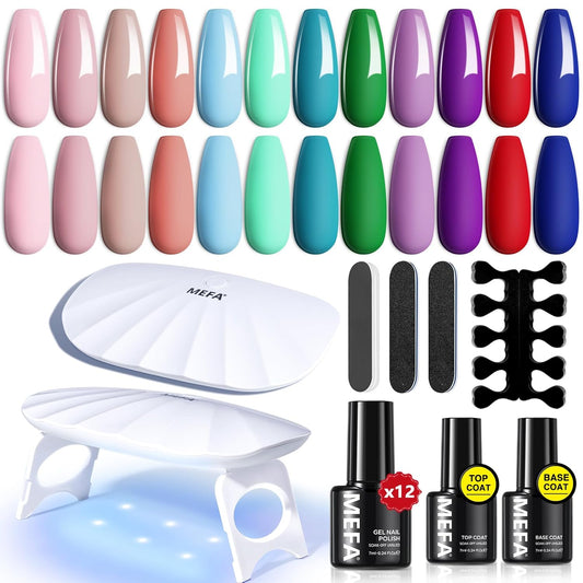 MEFA 19 Pcs Gel Nail Polish Kit with U V Light, 12 Colors All Seasons Soak Off Gel Polish Nail Set with Base Top Coat Essential Manicure Tools Beginners Salon Nails Art