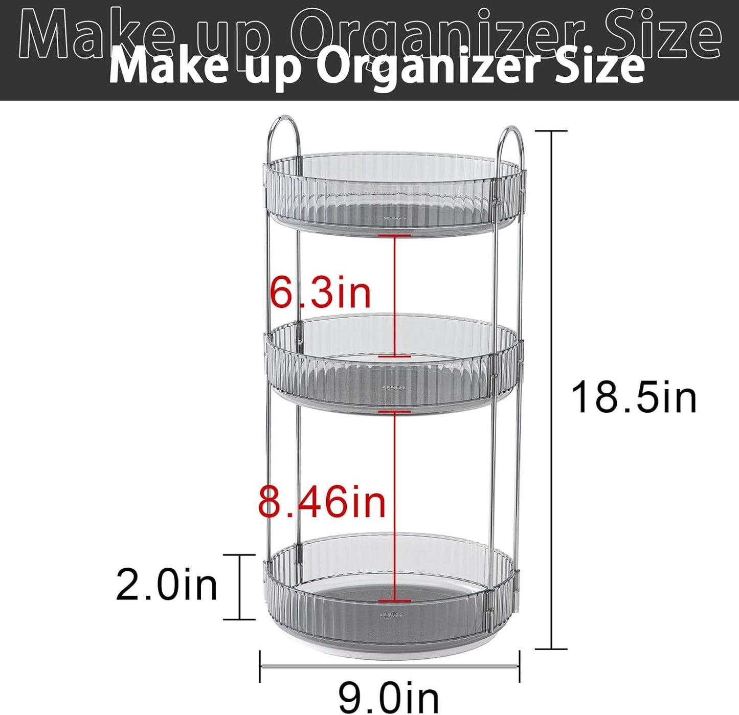 Rotating Makeup Organizer for Vanity, High-Capacity Skincare Clear Make Up Storage Perfume Organizers Cosmetic Dresser Organizer Countertop 360 Spinning (Gray, 3 Tier)