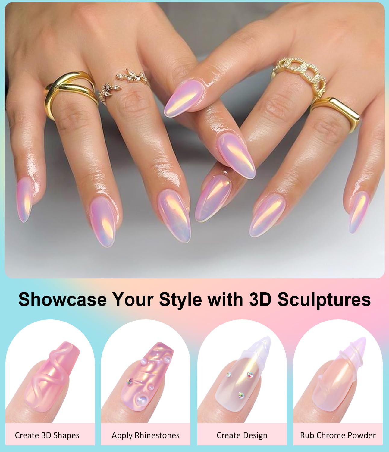 Pearl Chrome Nail Powder BISHENGYF -【Fairy Effect】Pink Chrome Nail Powder White Aurora Yellow Mermaid Iridescent Nail Chrome Powder Metallic Mirror Glitter Pigment Dust For Nail Art Decroation DIY