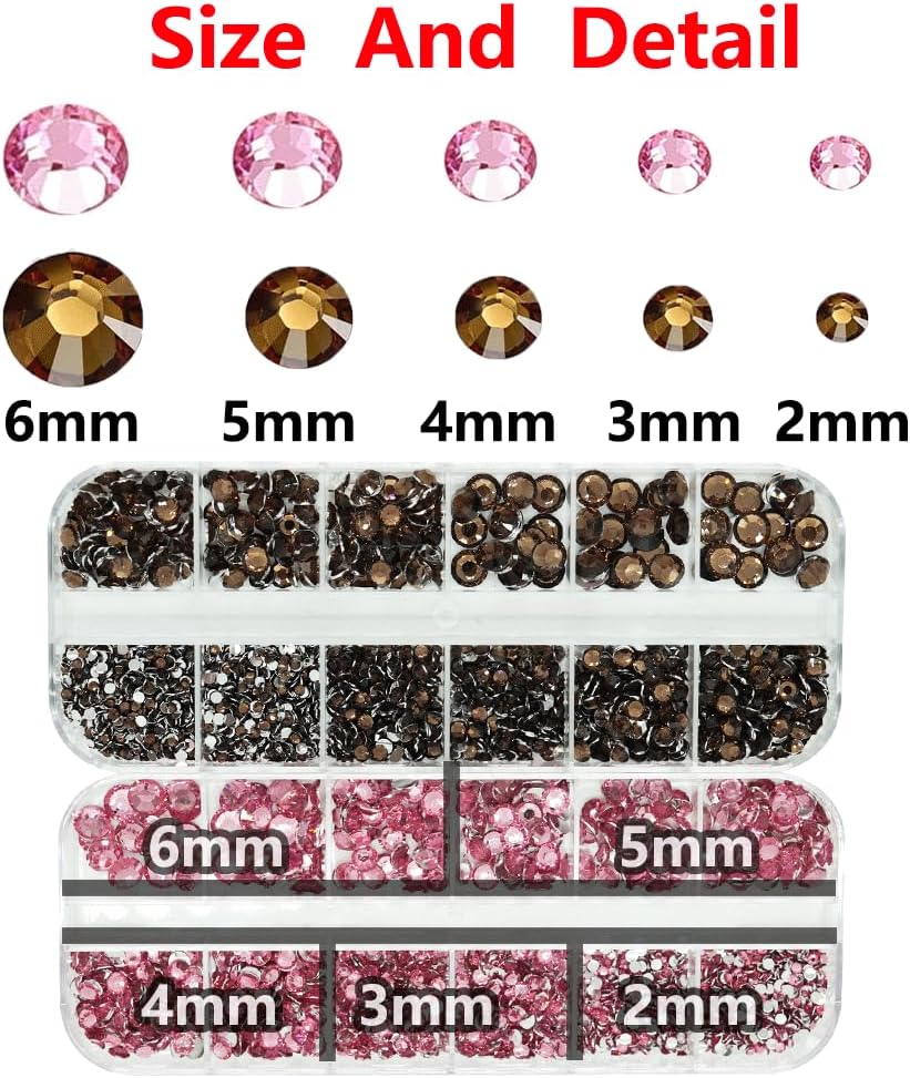 Brown And Pink Rhinestones with Glue(S8-S30) for Bedazzling,2mm-6mm Non-Hotfix Flatback Nail Gems Beads with B7000, Resin Nail GemsStones Diamond Kit for Bedazzle Crafting, Nails DIY Art Decoration