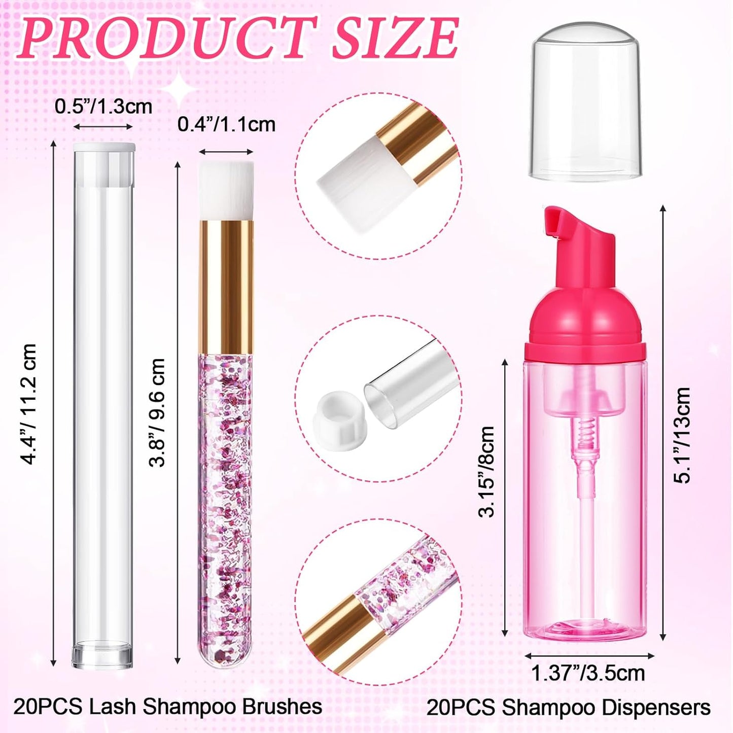 Zhehao 80 Pcs Lash Shampoo Bottle Brushes Kit 20 Foam Pump Dispensers 20 Lash Shampoo Brushes 20 Eyelash Aftercare Bag 20 Cleaning Pipes, Eyelash Extension Supplies(Rose Red)