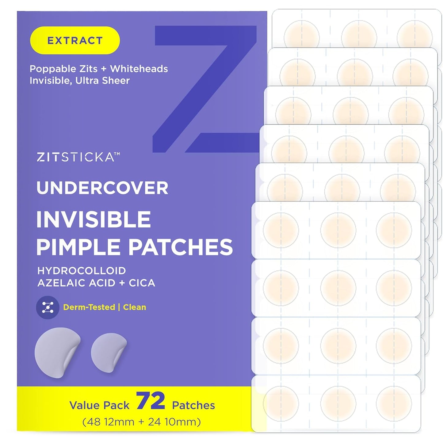 ZitSticka Invisible Pimple Patches for Face, Hydrocolloid Patches, Ultra-Thin Clear Azelaic Acid & CICA Blemish Patches, Pimple Stickers (UNDERCOVER 72ct)