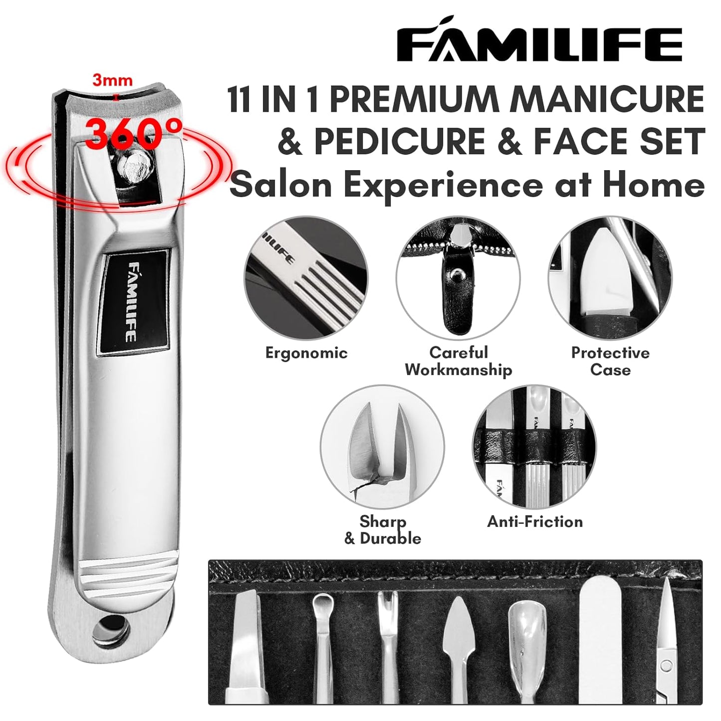 Manicure Kit, FAMILIFE Professional Manicure Set Nail Kit, 11 in 1 Stainless Steel Nail Clippers Set for Men Pedicure Kit, Men Grooming Kit with Portable Black Leather Travel Case Luxury Gifts for Him