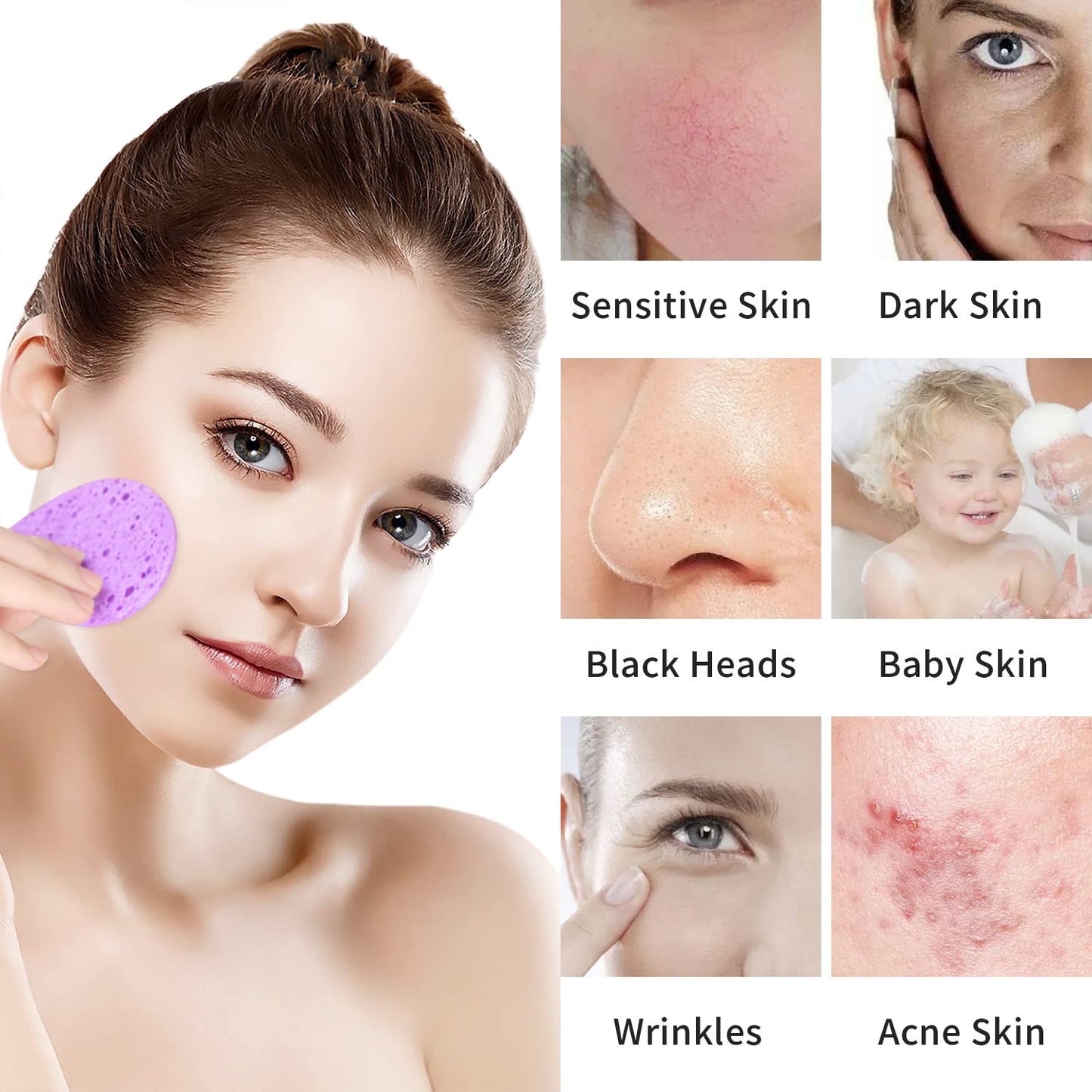 50-Count Facial Sponges Compressed Natural Cellulose Sponge Round Shape Face Sponge for Face Cleansing Exfoliating and Makeup Removal, Purple