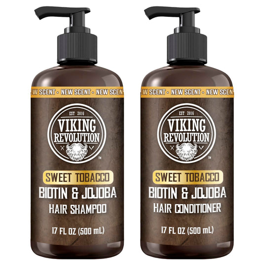 Viking Revolution Sweet Tobacco Mens Shampoo and Conditioner Set with Biotin and Jojoba Oil - Natural Hair Shampoo and Hair Conditioner for Men with Vitamin B5 - Mens Shampoo for Thinning Hair (17Oz)