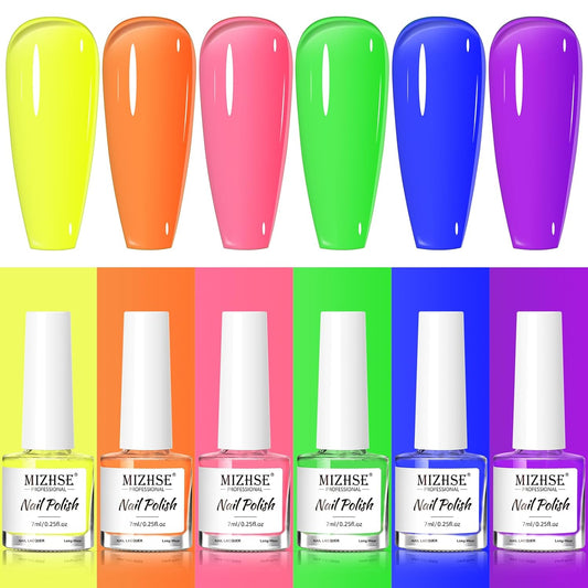 MIZHSE Quick Dry Nail Polish Set: Neon Colors Nail Polish Air Dry Fast, Fluorescent Fingernail Polish Non-Gel Yellow Orange Green Fast Drying Nail Lacquer Gift for Women Girls
