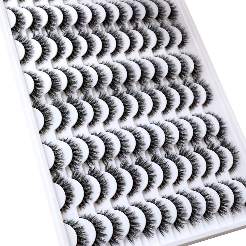 False Eyelashes 48 Pairs Faux Mink Lashes 14mm Wispy Lashes 3D Fluffy Cat Eye Lashes Pack Bulk Wholesale Strip Lashes(style 48-045)