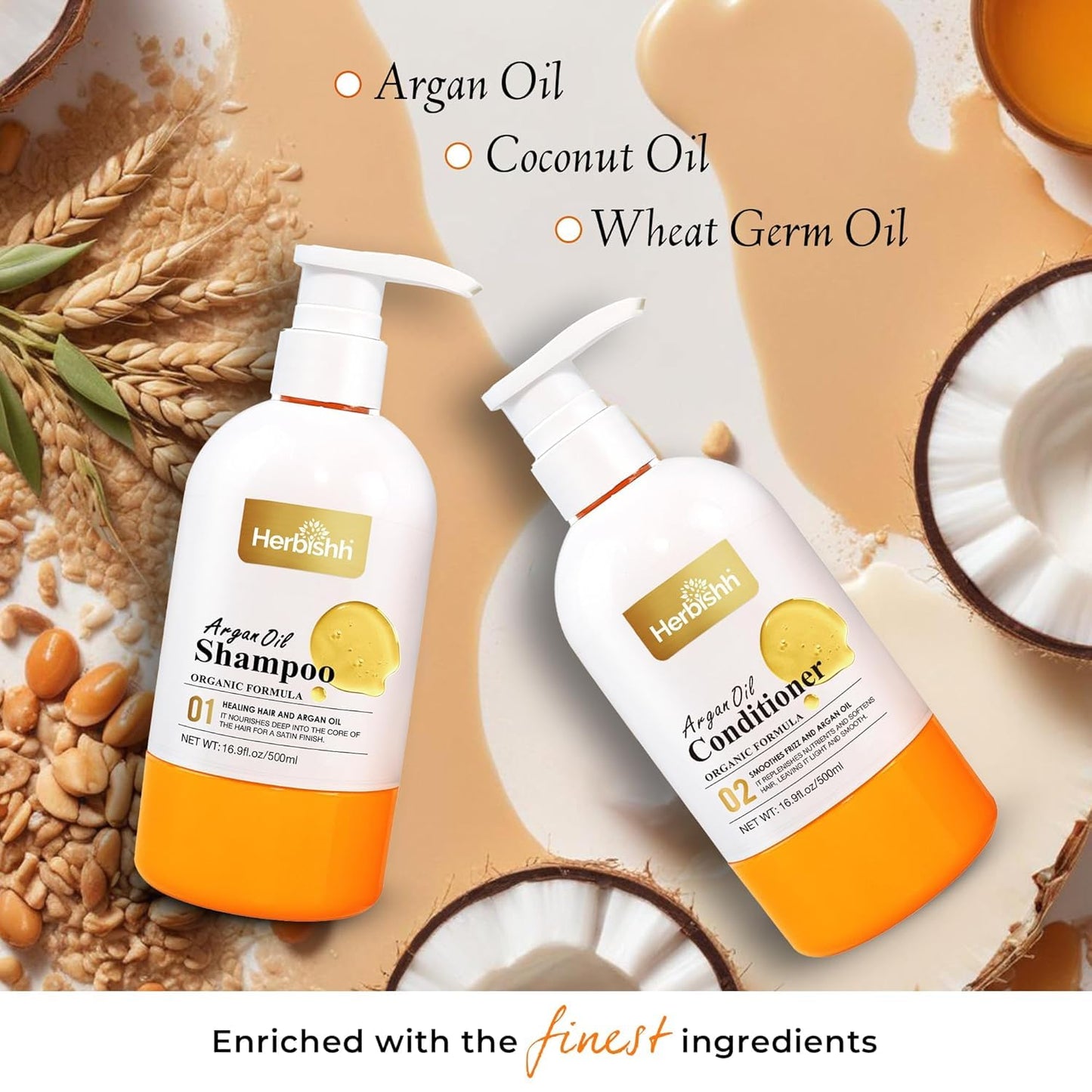 Herbishh Argan Hair Mask (150ml) + Argan Oil Shampoo & Conditioner (16.9 fl.oz Each) Hair Care Set – Deep Cleansing & Hydration, Ideal for Repairing Dry, Frizzy & Colored Hair – Sulfate & Paraben Free