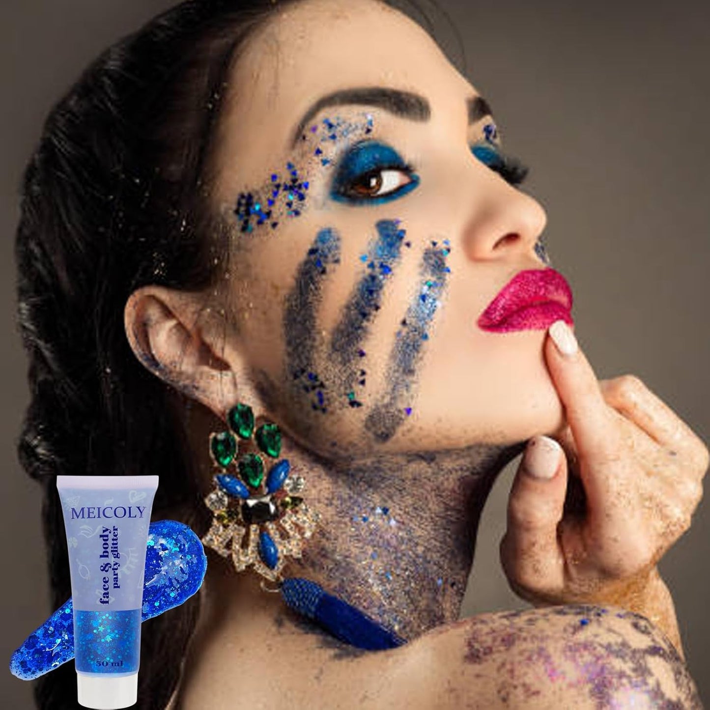MEICOLY Blue Face Body Glitter,Halloween Face Glitter Gel,Festival Rave Accessories,Patriotic Veterans Day Independence Day 4th of July Pride Face Paint Makeup,Sparkling Mermaid Body Glitter for Women