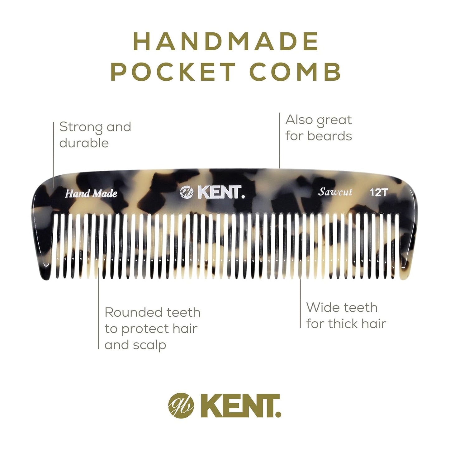 Kent 12T TW Wide Tooth Detangling Comb - Handmade Pocket Comb for Thick, Curly, and Wavy Hair, Grooming Beard and Mustache