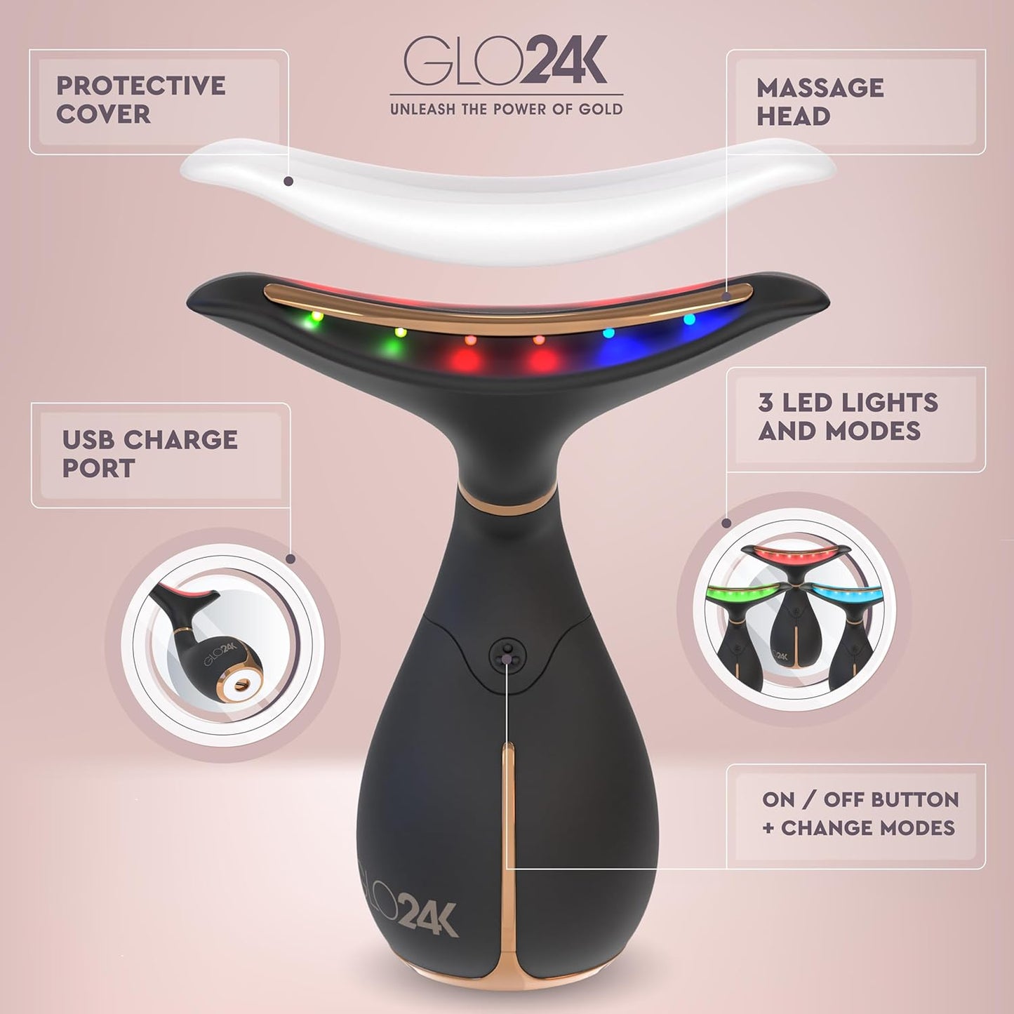 GLO24K Red Light for Face & Neck Beauty Device - 3 in 1 Facial Massager Tool and Neck Care Device for Turkey Neck, Anti Wrinkle, Face and Neck Massager for Women