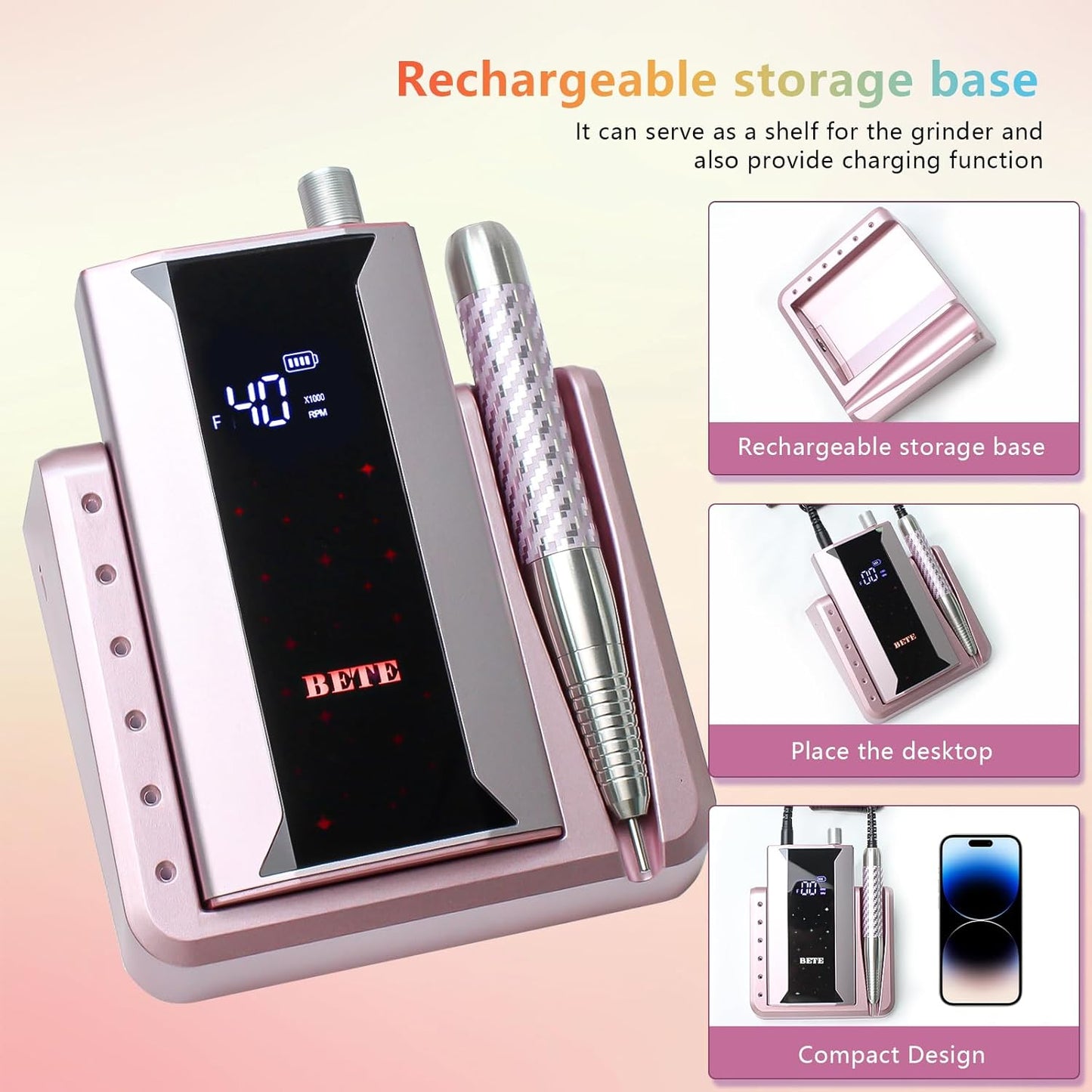 BETE Professional Nail Drill Machine, 0-40000RPM Brushless Durable Electric Nail File for Acrylic Gel Nails, Rechargeable Nail Drill with Charging Base with 6pcs Drill Bits for Salon Home, Pink