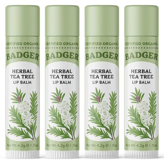 Badger Tea Tree Classic Lip Balm, 100% Organic Lip Balm, Moisturizing Herbal Lip Care w/Light Silky Texture, Soothing & Refreshing Lip Care for Irritated or Chapped Lips, 4 Pack