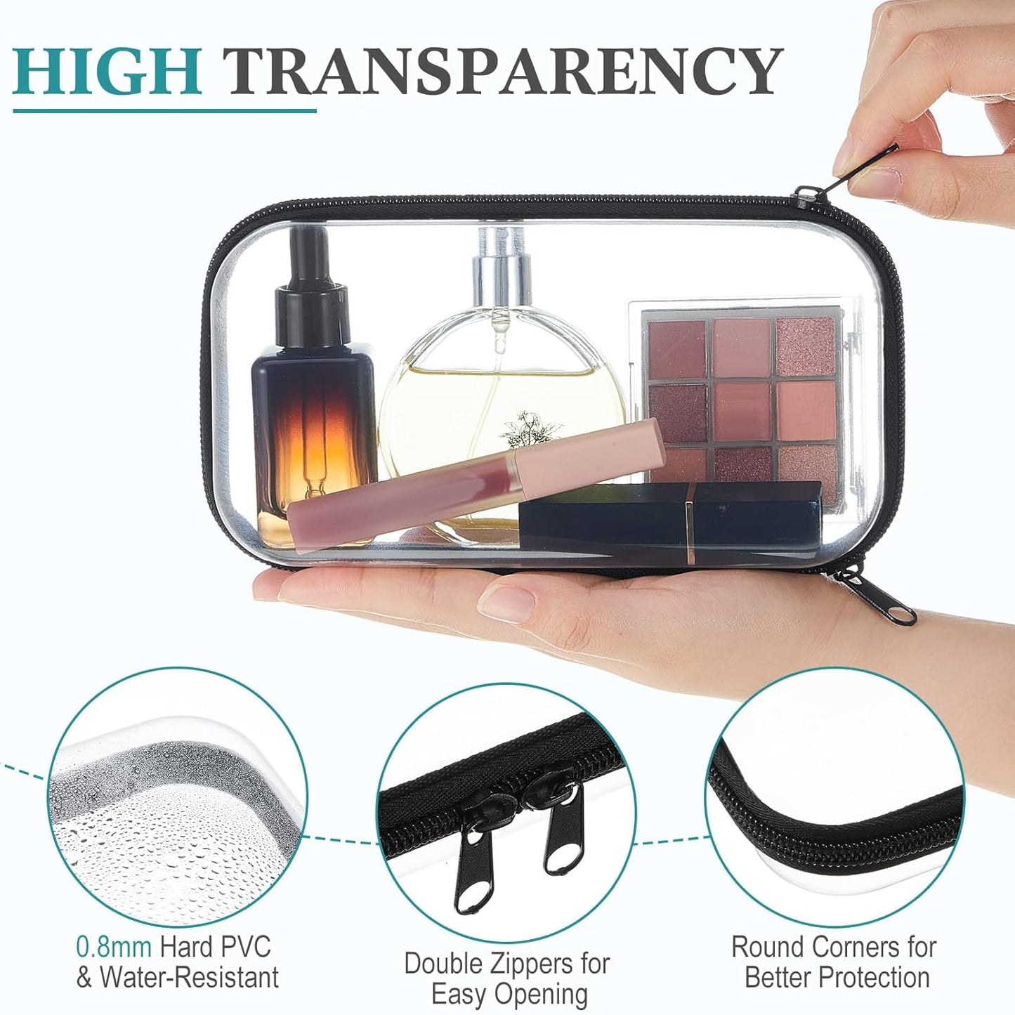 Hoolerry 3 Pcs Clear Hard Zipper Case Plastic Pouch Transparent Hard Case Clear Makeup Bag Portable Travel Organizer Bin for Cosmetics, Building Blocks, Puzzles(Black,S)