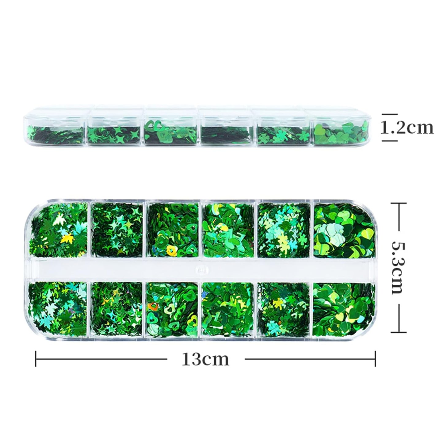 St.Patrick's Day Nail Art Glitter Sequins 3D Holographic Laser Green Hearts Stars Leaves Clovers Musical Nail Acrylic Stickers Spring Shiny Flakes Nail Supplies for Women Girls Nail Decoration 12Grids