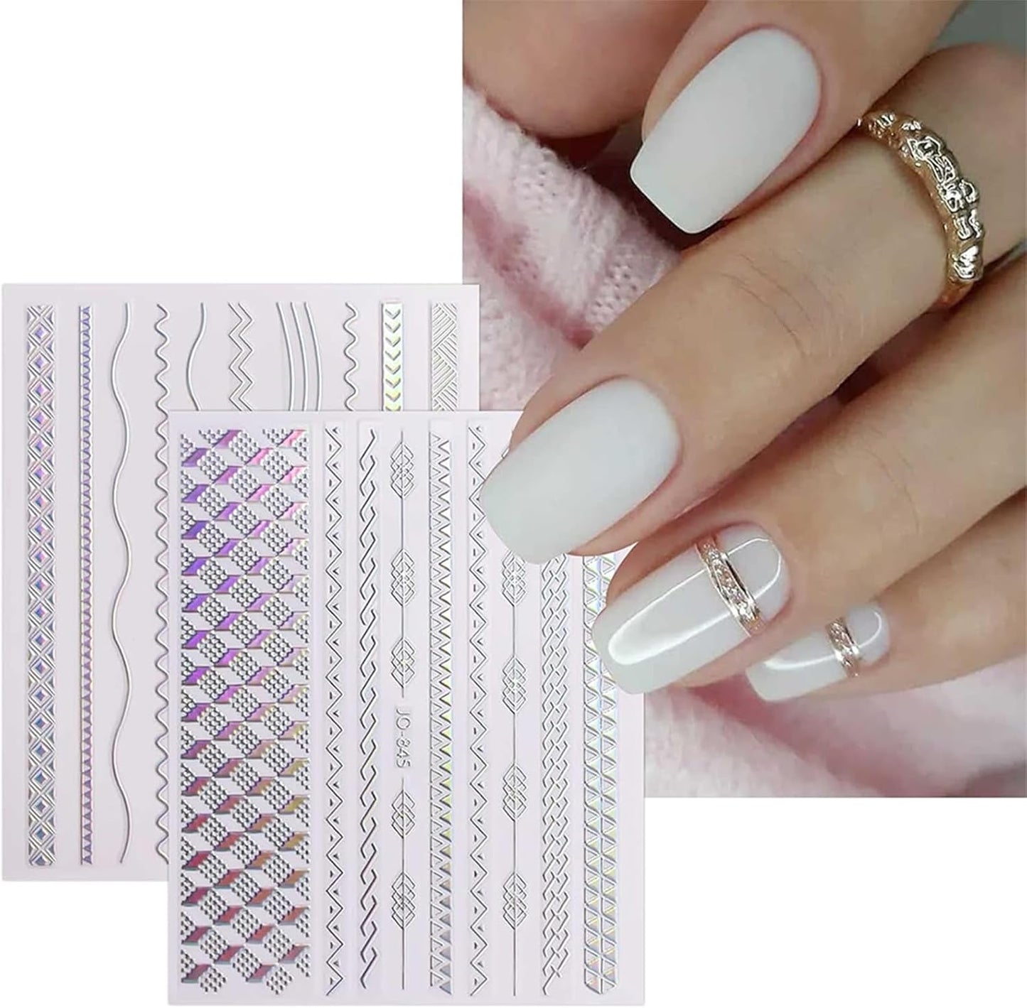 12 Sheets Star Nail Stickers Decals Silver Heart Nail Stickers Geometric Line Nail Decals for Nail Art 3D Self Adhesive Holographic Stripe Nail Designs for Women Nail Art Supplies Decorations