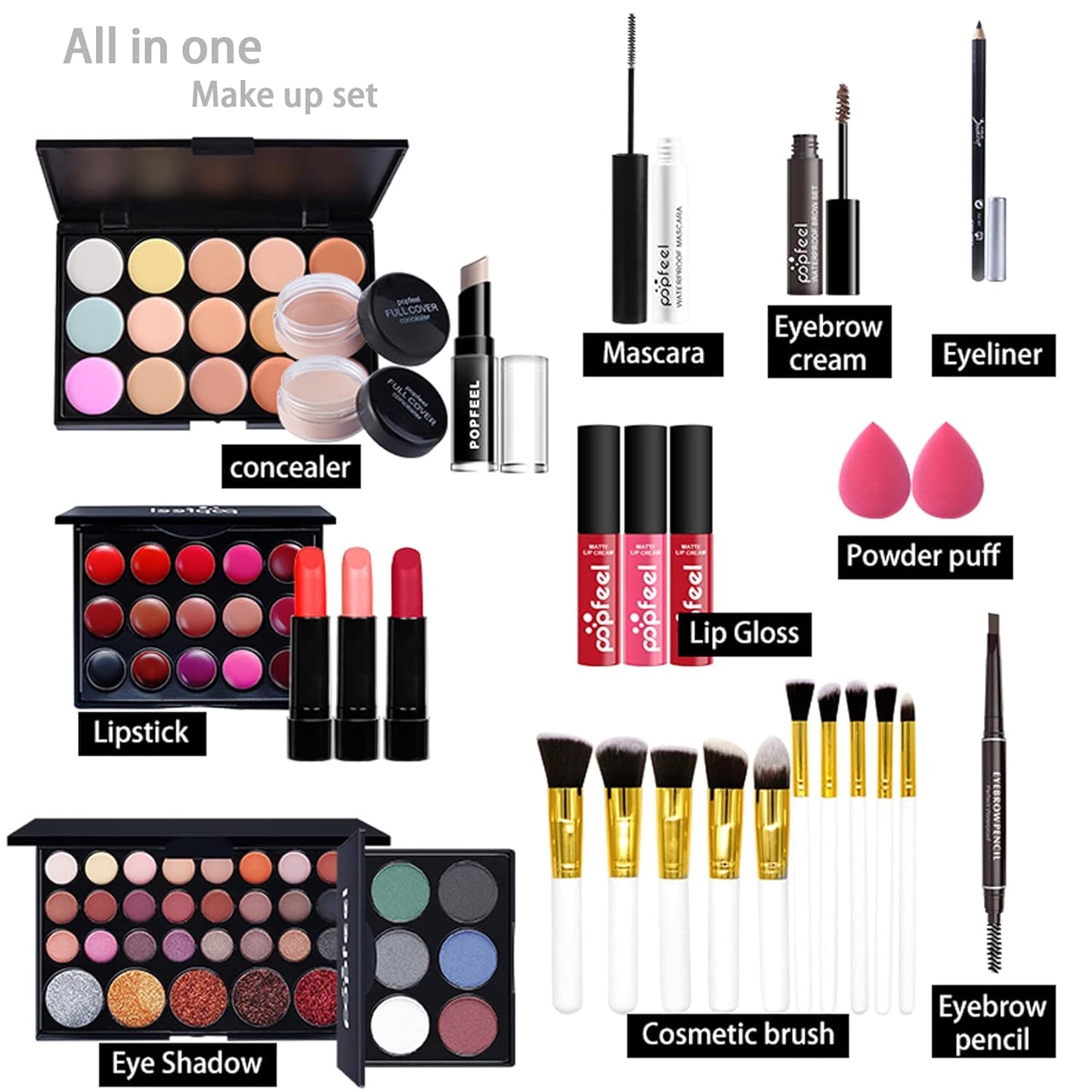 All-in-one Makeup Set for Beginners or Pros, Cosmetic-Gift for Women -Include Makeup Brush Set, Eyeshadow Palette, Powder puffs, Eyebrow Pencil, Mascara, Concealer, Lip Gloss Set -03B