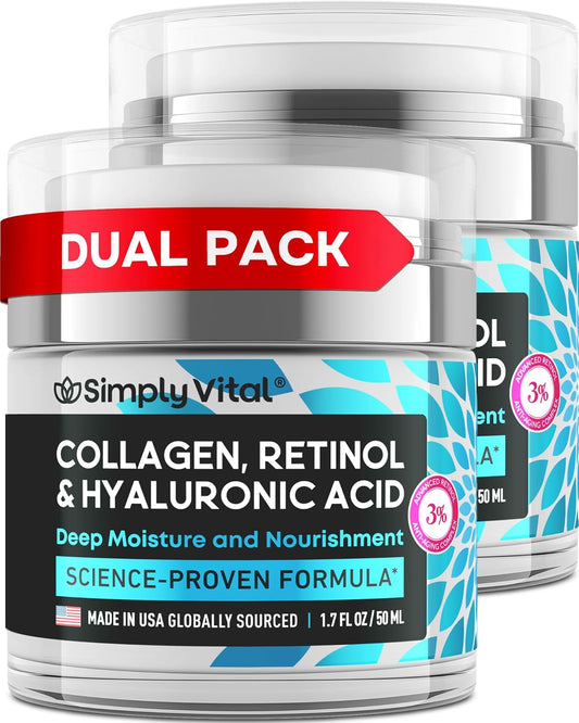 SimplyVital Collagen Face Moisturizer - Anti-Aging Retinol Cream for Face, Neck & Décolleté with Hyaluronic Acid - Made in USA, Daily Moisturizer Face Cream, 2-Pack